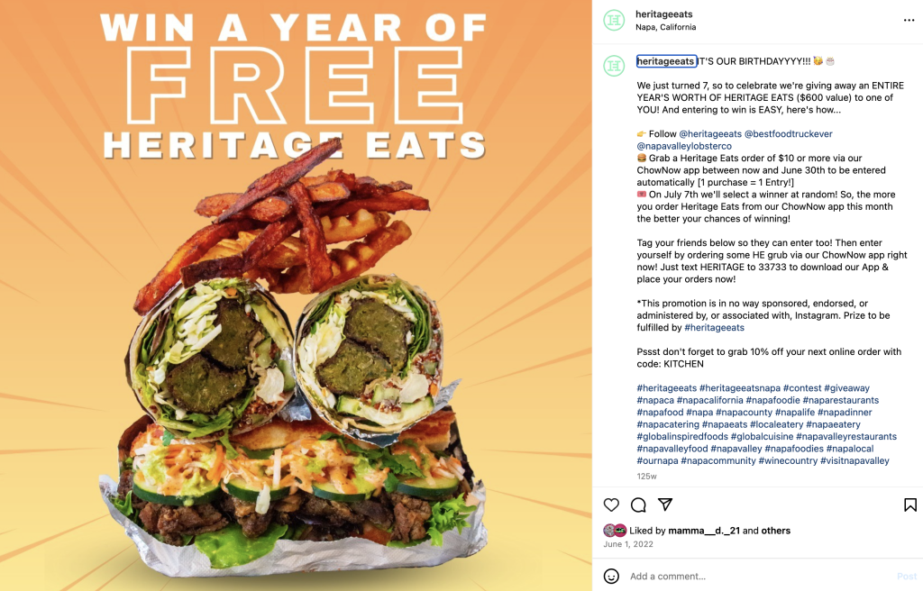 Heritage Eats Birthday Social Media Contest w/ caption